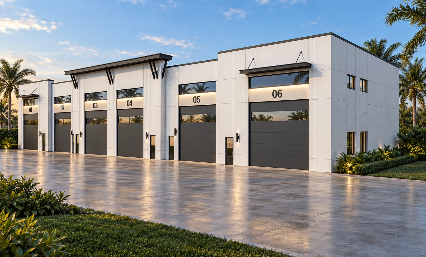 Angled exterior rendering of Scuderia 47 showing the six numbered suites, metal canopies, clerestory windows and tropical landscaping