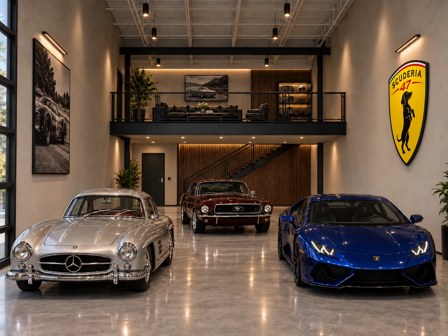 Mercedes-Benz, Mustang and Lamborghini displayed beneath an elevated seating area