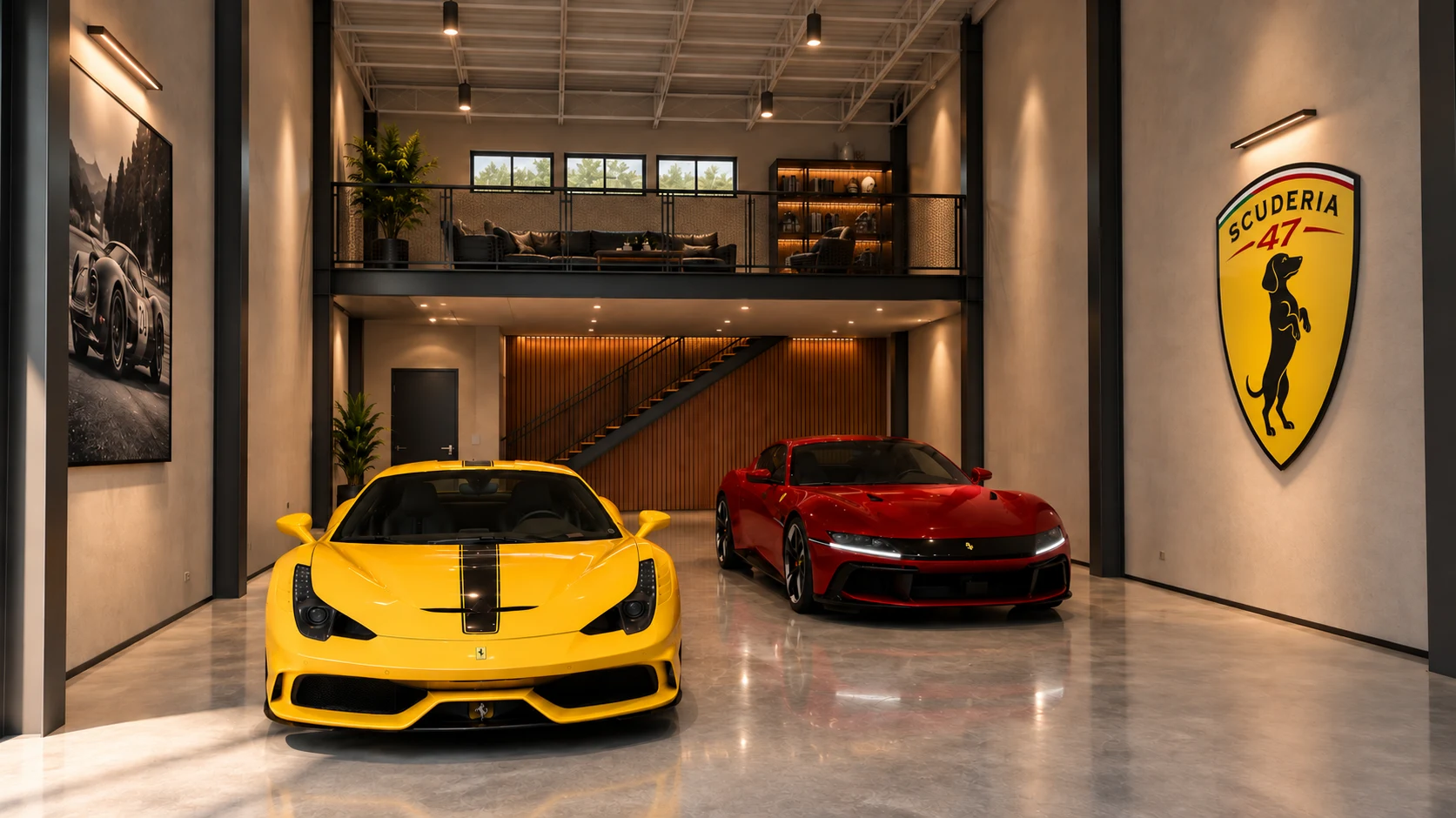 Yellow and red Ferraris beneath a warm wood-accented mezzanine lounge