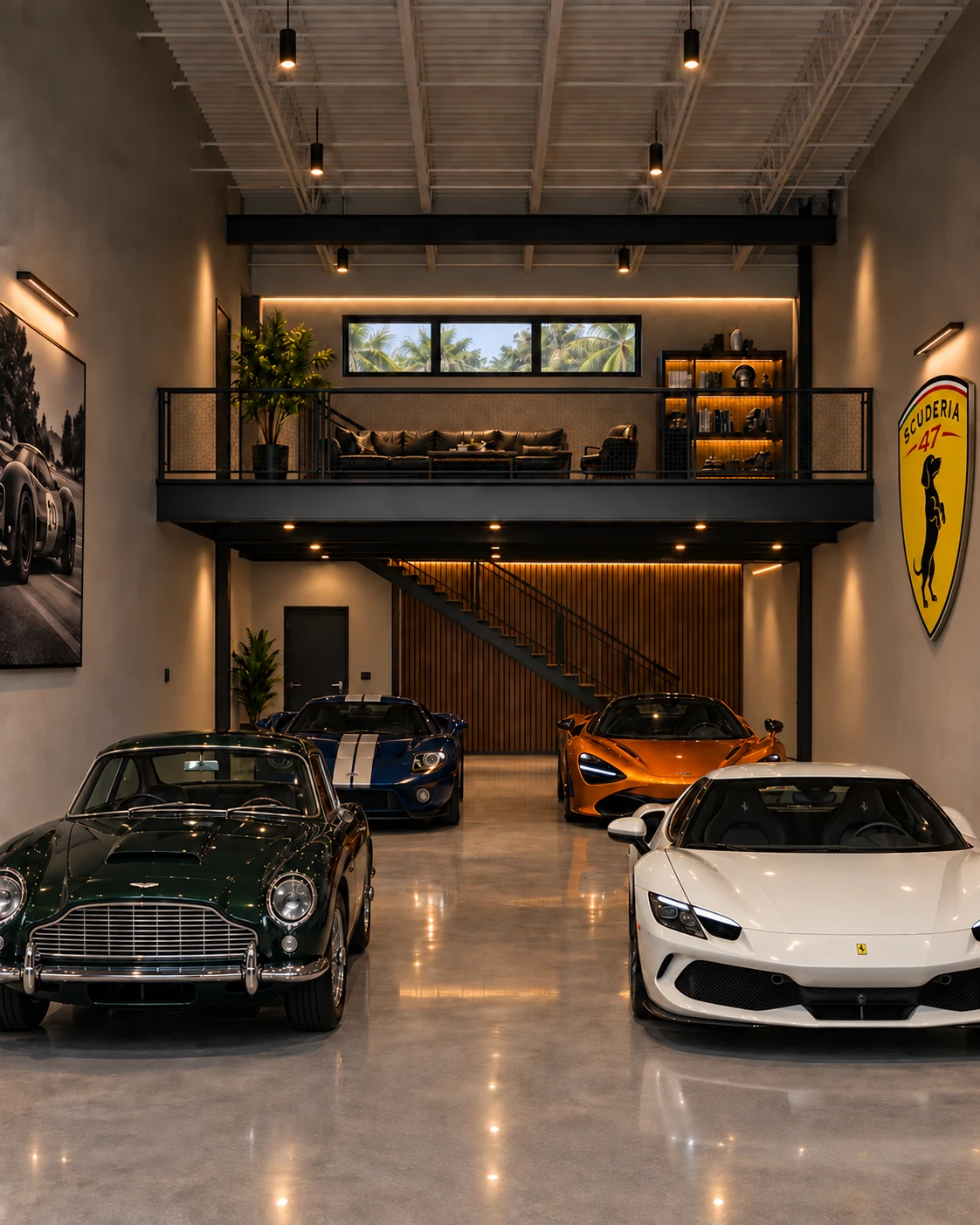 Conceptual garage interior with four collector cars and an illuminated mezzanine lounge