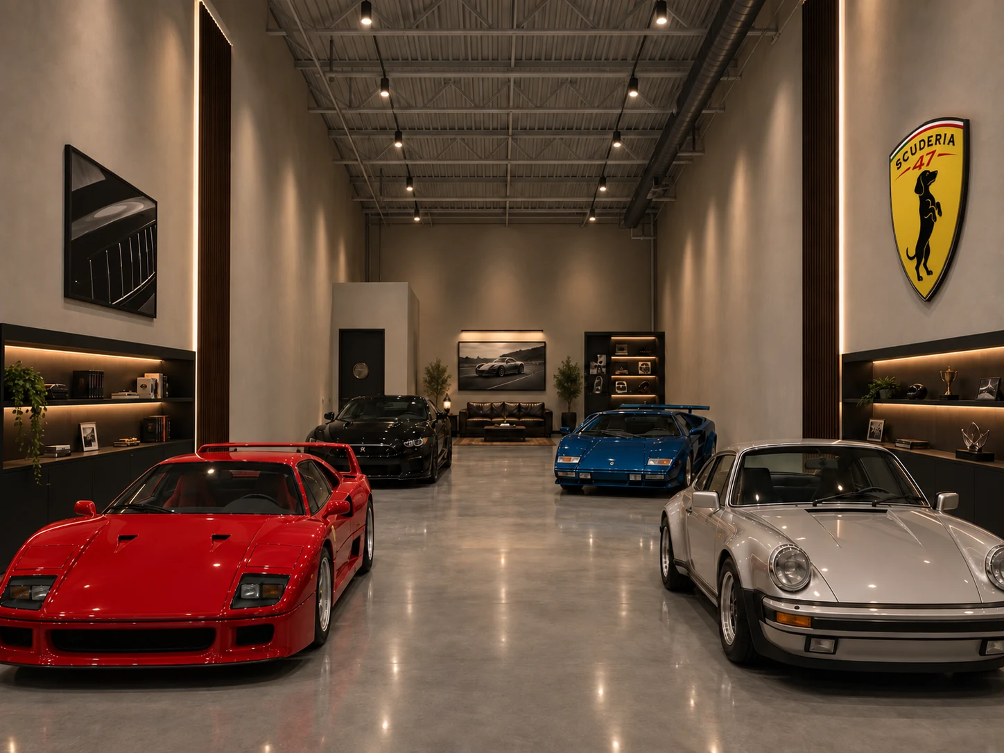 Open garage showroom concept with Ferrari, Porsche and Lamborghini collector cars