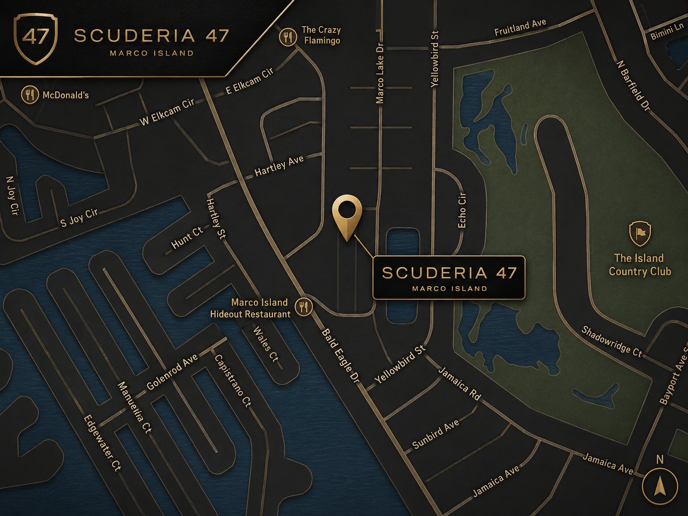 Black and gold Scuderia 47 illustrated map of Marco Island showing nearby streets, waterways and landmarks